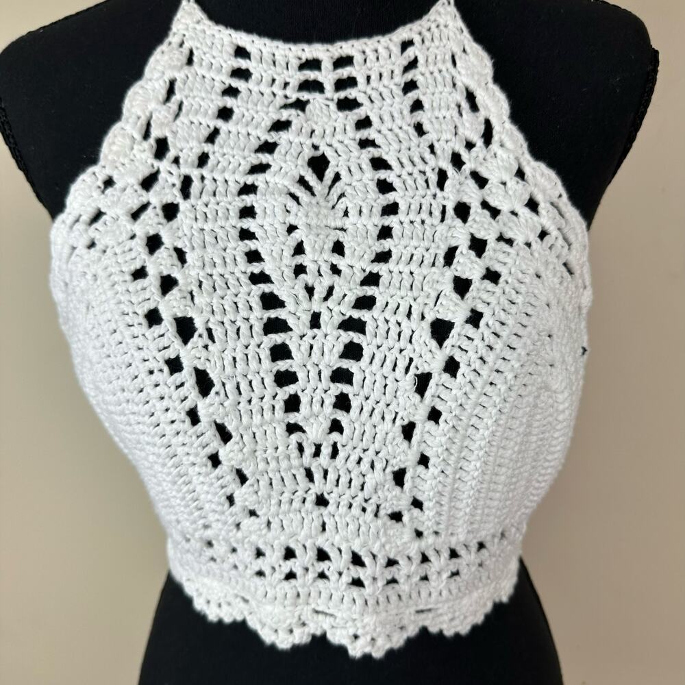 Womens White Crochet Knit Halter Top Boho Tie Back Festival Beach Knit Bralette - Picture 2 of 7